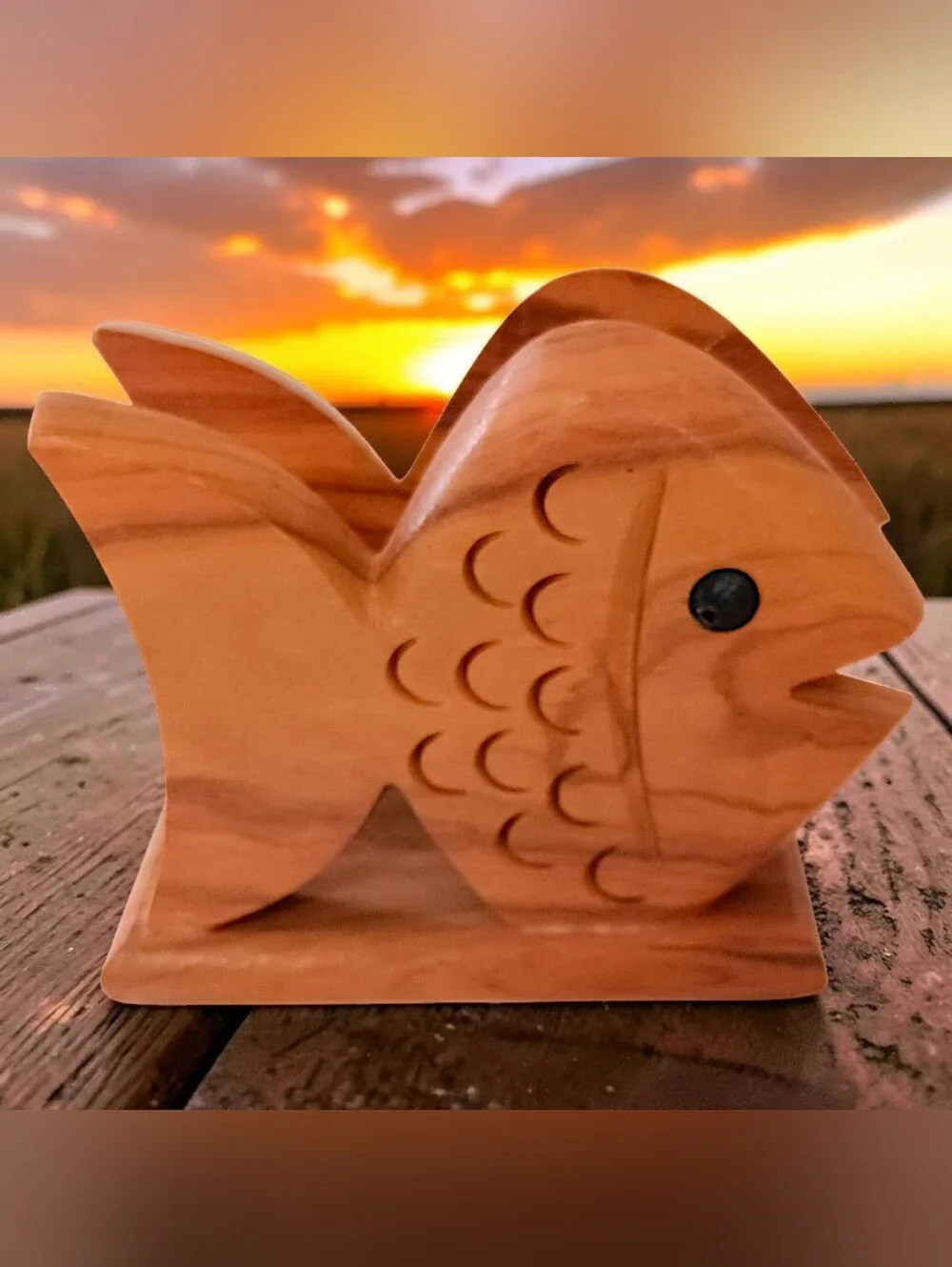 Olive Wood Fish Napkin Holder Carved Coastal Beach Kitchen Mail Desk Organizer